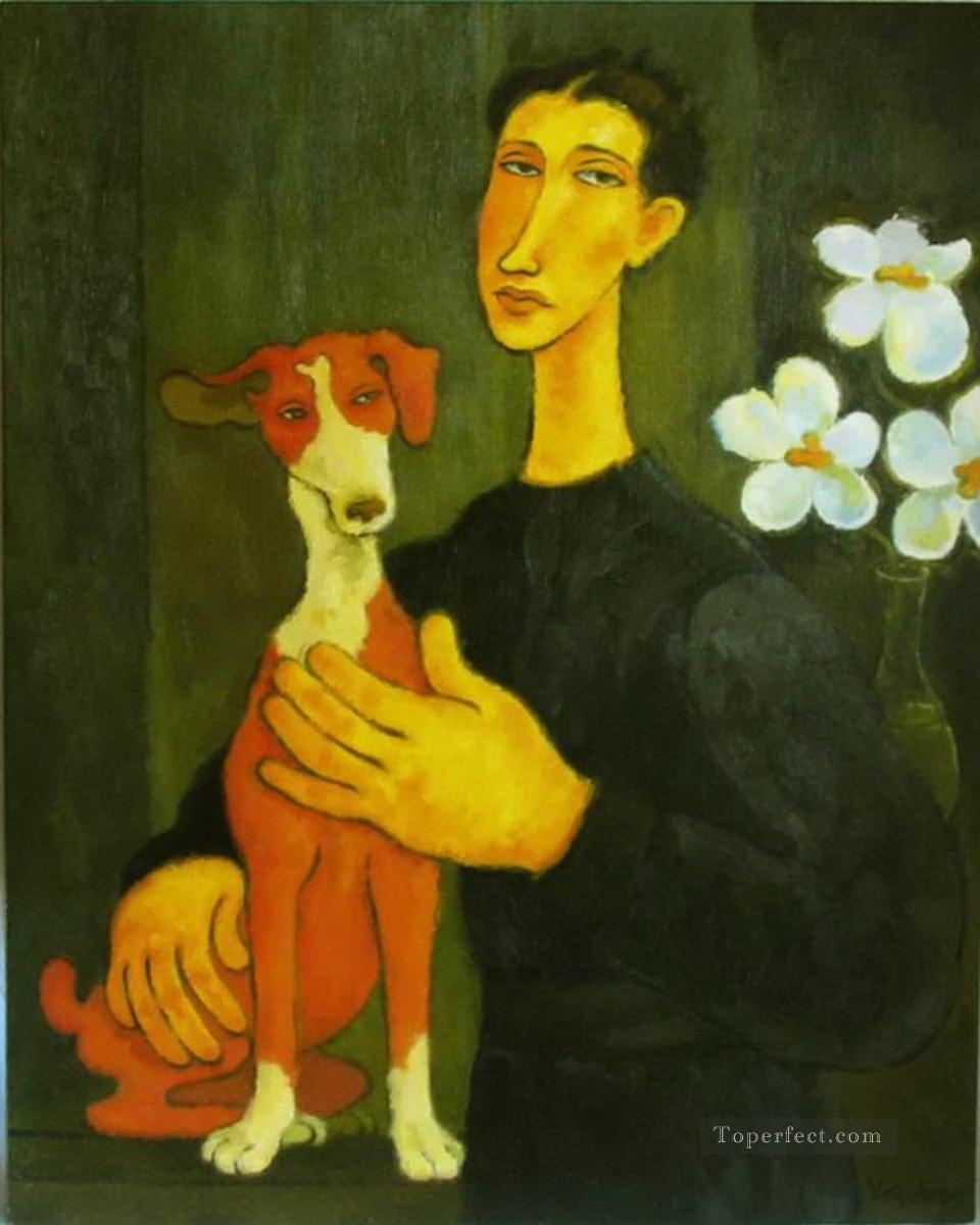 femme avec chien et fleurs Peintures à l'huile